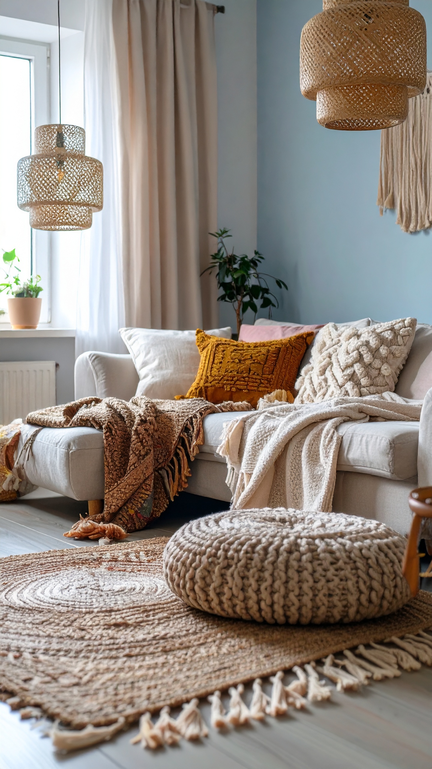 Firefly_neutral boho living room, soft cream and beige tones, textured throw blankets, layere 657195